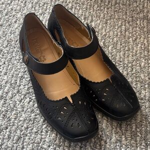 hotter Black Leather Mary Jane Flats with Cutout Detail